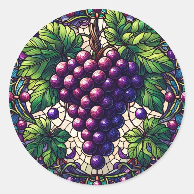 Grapes Stained Glass Classic Round Sticker (Front)