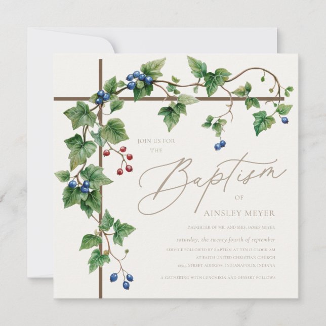 Grapevine Covered Cross Gold Script Baptism Invitation (Front)