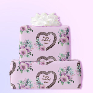 Grapevine Heart Wreath Purple Flowers Add Name Wrapping Paper