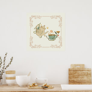 Graphic Art, Beige Tea Time Illustration Poster