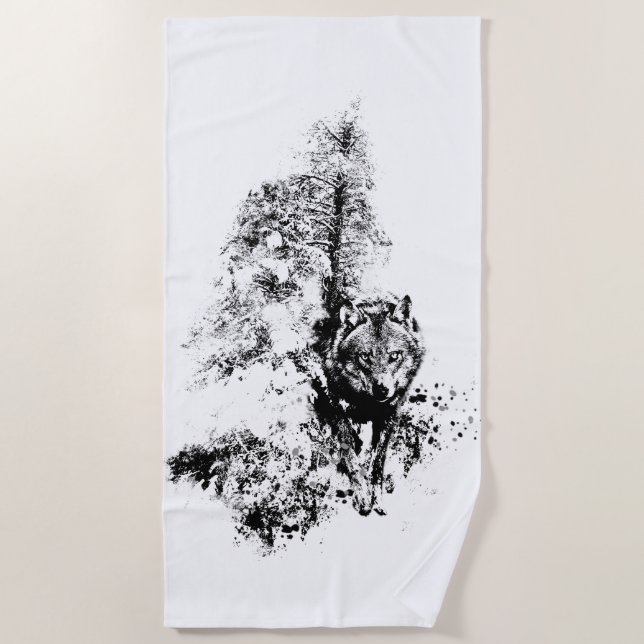 Graphic Art Grey Wolf Wildlife Animal Nature Beach Towel (Front)