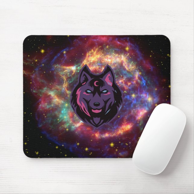 Graphic Art, Purple Illustration Cosmic Wolf Mouse Pad (With Mouse)