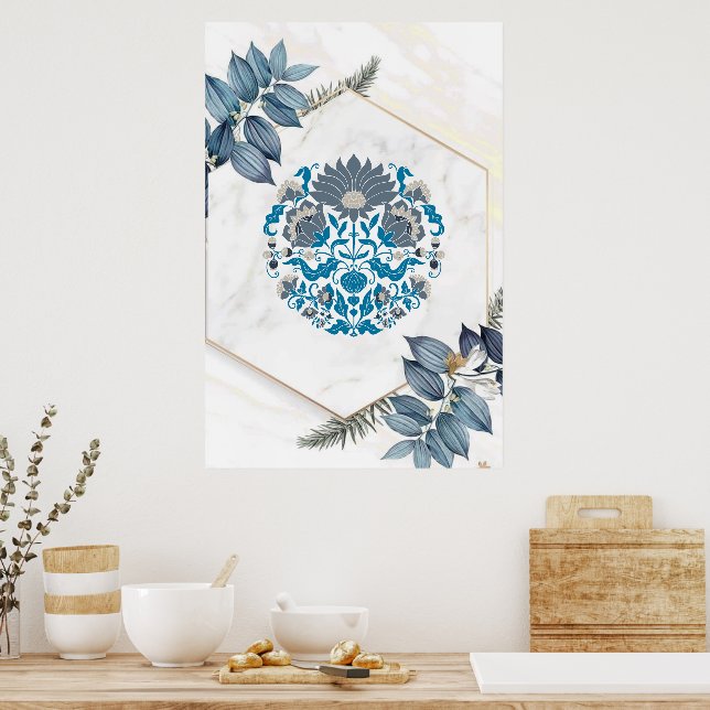 Graphic Art, Teal Floral Mandala Illustration Poster (Kitchen)