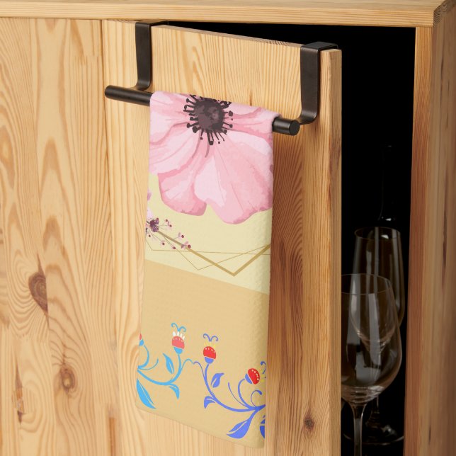 Graphic Artwork, Pink and Blue Spring Flowers Tea Towel (Thirds Fold)