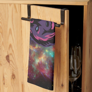 Graphic Artwork, Purple Cosmic Wolf Tea Towel