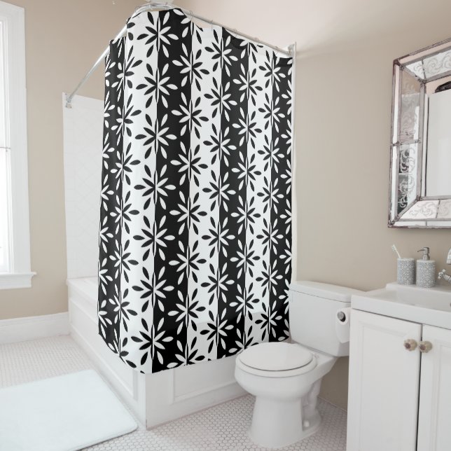 Graphic Black and White Geometric Flower Pattern Shower Curtain (In Situ)