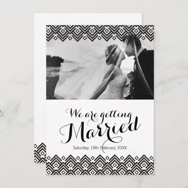 Graphic black geometric photo wedding invitation (Front/Back)