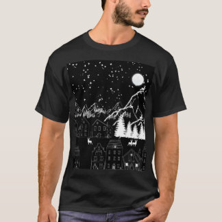 Graphic Black White Deertown Starry moonlit night T-Shirt