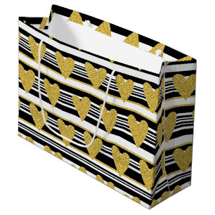 Graphic Black White Heart Stripe Pattern Large Gift Bag