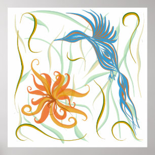 Graphic Blue Bird and Bird of Paradise Poster