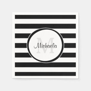 Graphic Broad Black and White Stripes and Monogram Napkin