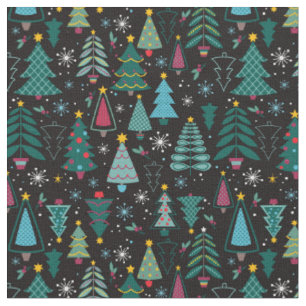 Graphic Christmas tree Print Black Background Fabric
