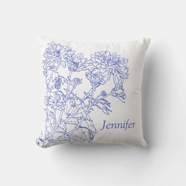 graphic drawing blue Chrysanthemums custom pillow (Front)