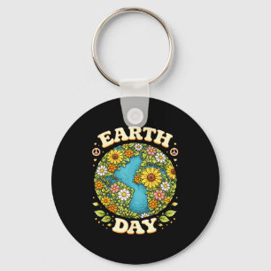 Graphic earth day floral planet retro groovy 70s key ring