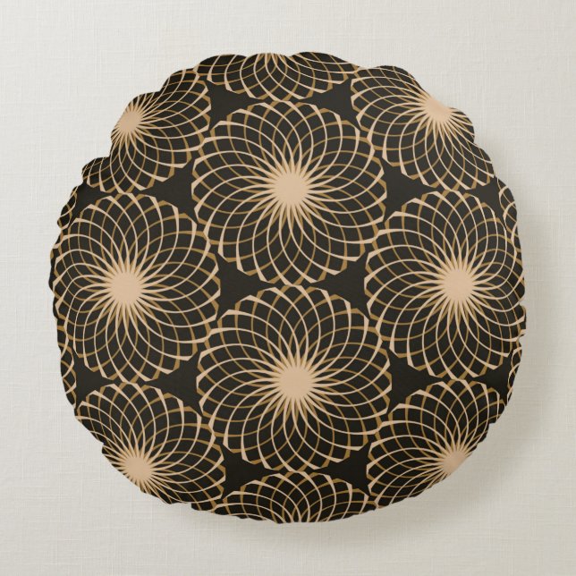 graphic floral tracery grid seamless pattern in iv round cushion (Front)
