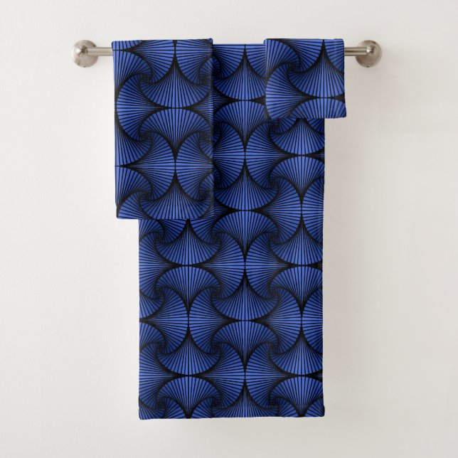 Graphic Geometric 3D Scallop Fan Blue Bath Towel Set (Insitu)