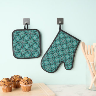 Graphic Geometric 3D Spiral Twist Turquoise Green Oven Mitt & Pot Holder Set