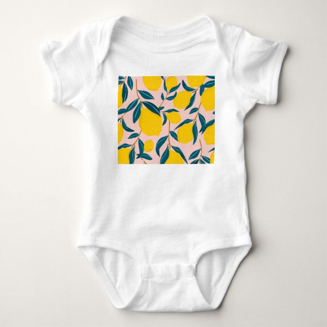 Graphic illustrated lemons: pink seamless pattern baby bodysuit (Front)