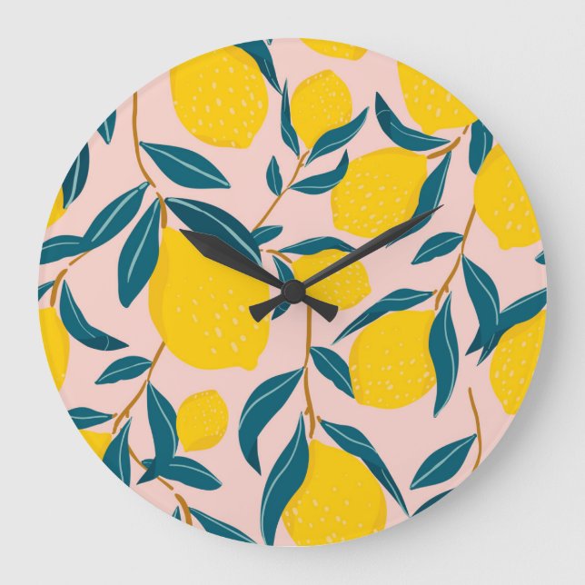 Graphic illustrated lemons: pink seamless pattern large clock (Front)