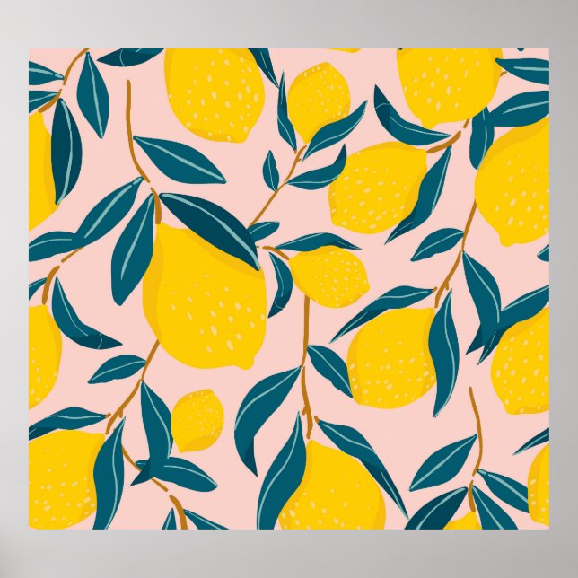Graphic illustrated lemons: pink seamless pattern poster (Front)