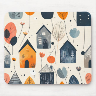 Graphic landscape with houses and flowers mouse pad