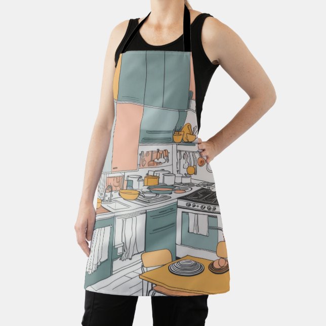 Graphic line art kitchen scenes cooking activities apron (Insitu)