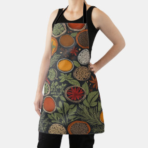 Graphic line art of culinary herbs and spices apron
