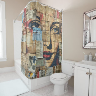 Graphic Mosaic Portrait with Vintage Newsprint Shower Curtain