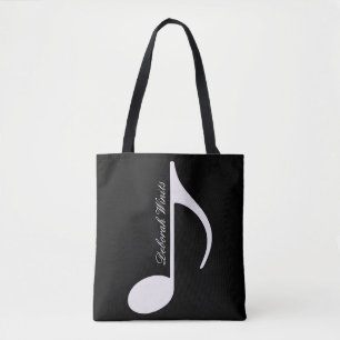 graphic musical note on black tote bag with name