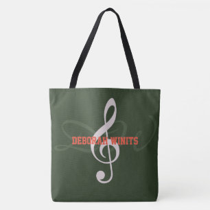 graphic musical note with name on hunter green tote bag