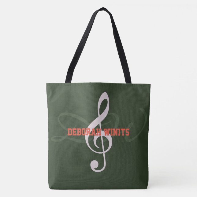 graphic musical note with name on hunter green tote bag (Front)