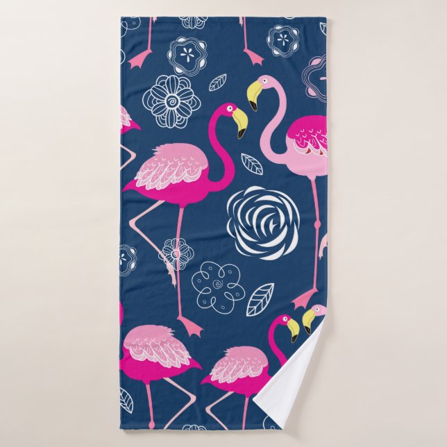 Graphic pattern of pink flamingos on a dark blue b bath towel (Bath Towel)
