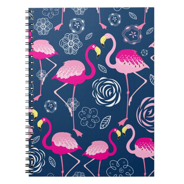 Graphic pattern of pink flamingos on a dark blue b notebook (Front)
