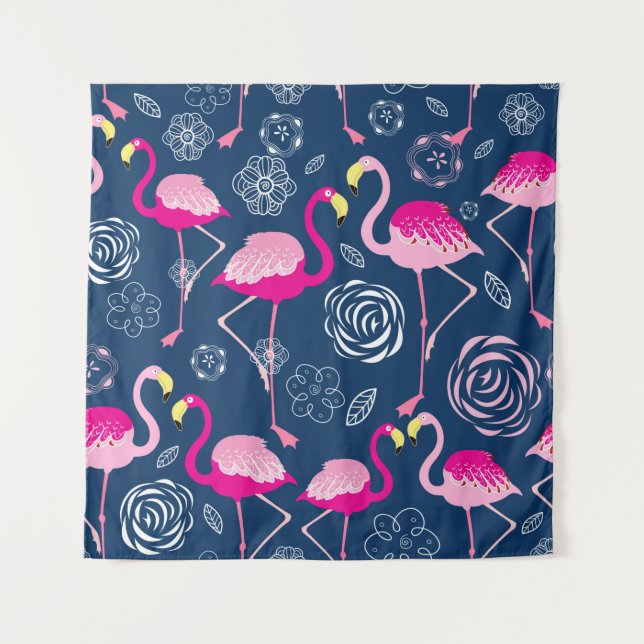 Graphic pattern of pink flamingos on a dark blue b tapestry (Front)