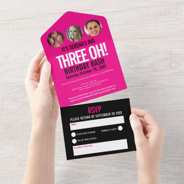 Graphic pink black photo circles 30th Birthday All All In One Invitation (Tearaway)