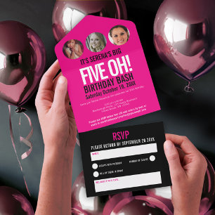 Graphic pink black photo circles 50th Birthday All In One Invitation