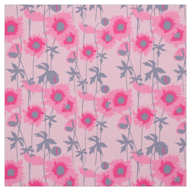 Graphic pink ragged poppy art floral pattern fabric (Swatch)