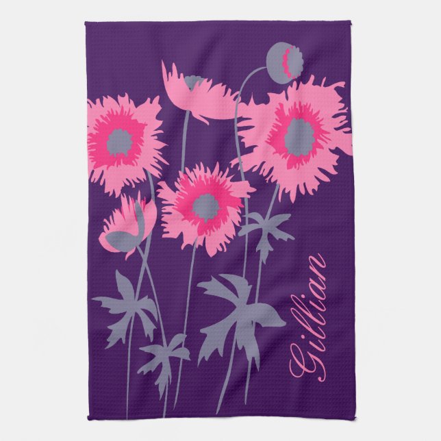 Graphic poppies flowers in grey pink and purple tea towel (Vertical)