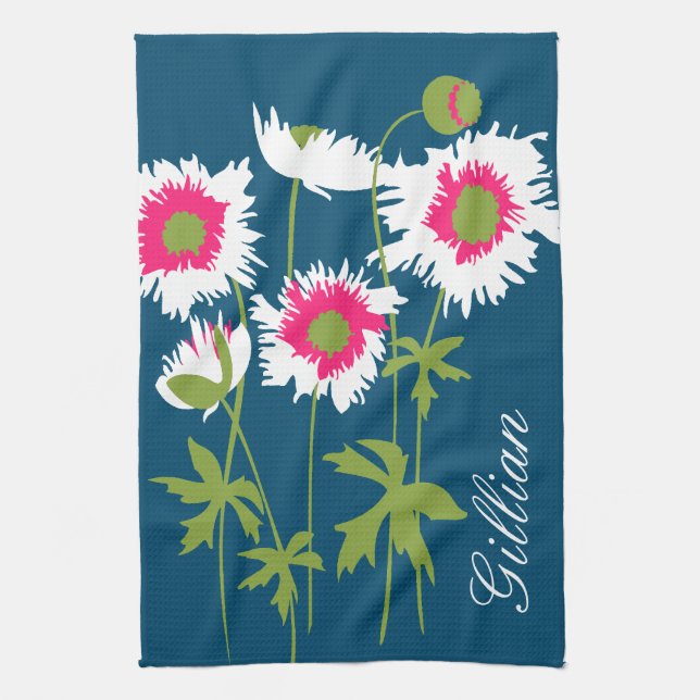 Graphic poppies flowers in white pink green blue tea towel (Vertical)