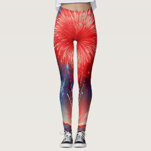 Graphic Red, White and Blue Fireworks In Clouds Leggings