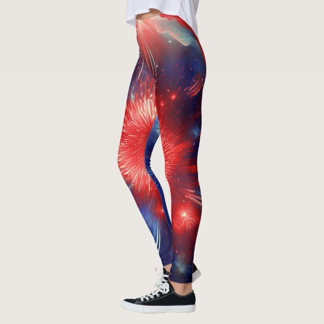 Graphic Red, White and Blue Fireworks In Clouds  Leggings (Left)