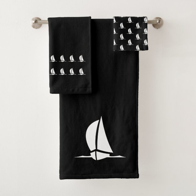 Graphic Sailboat Bathroom black white Towel Set (Insitu)