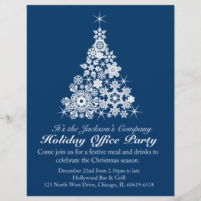Graphic snowflake tree navy office party flyer letterhead template (Front)