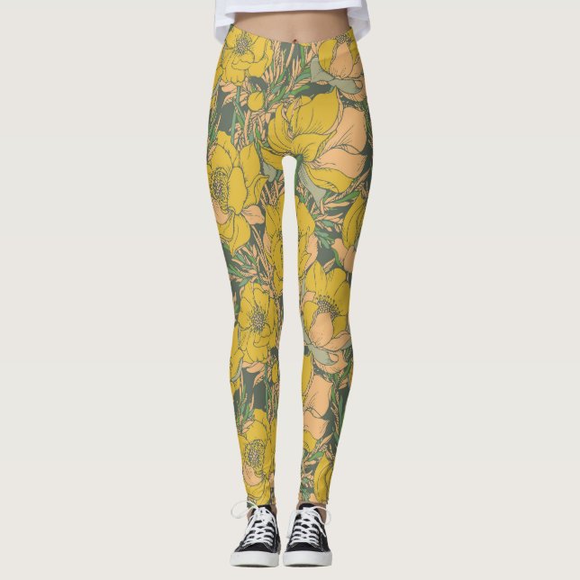 Graphic Spring Trollius Flowers Leggings (Front)