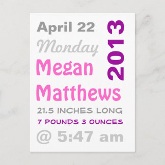 Graphic Stats Birth Announcement Postcard
