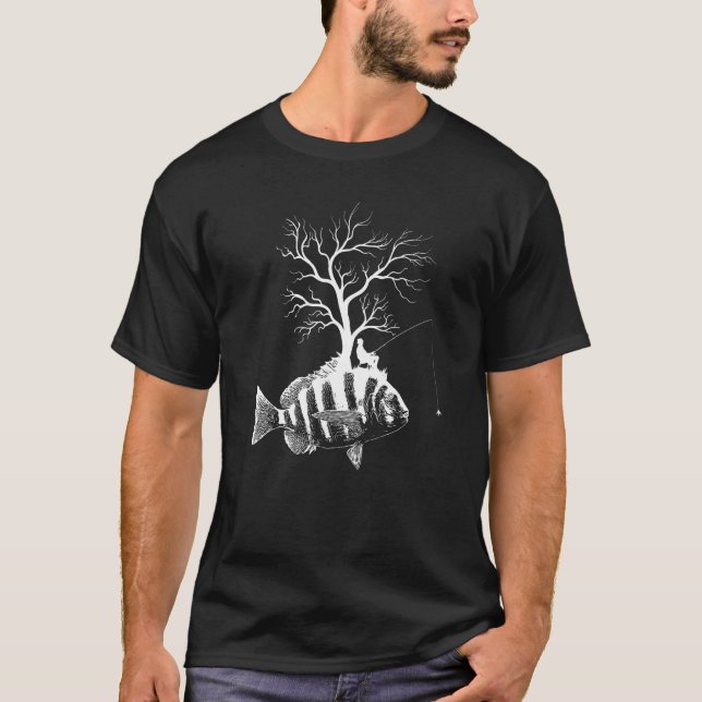 Graphic Tree Fishing Rod  Fish Sheepshead  1 T-Shirt (Front)