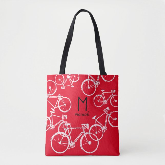 Graphic white bikes printed all over red tote bag (Front)