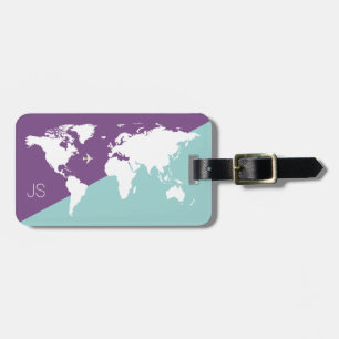 graphic world map travel purple luggage tag