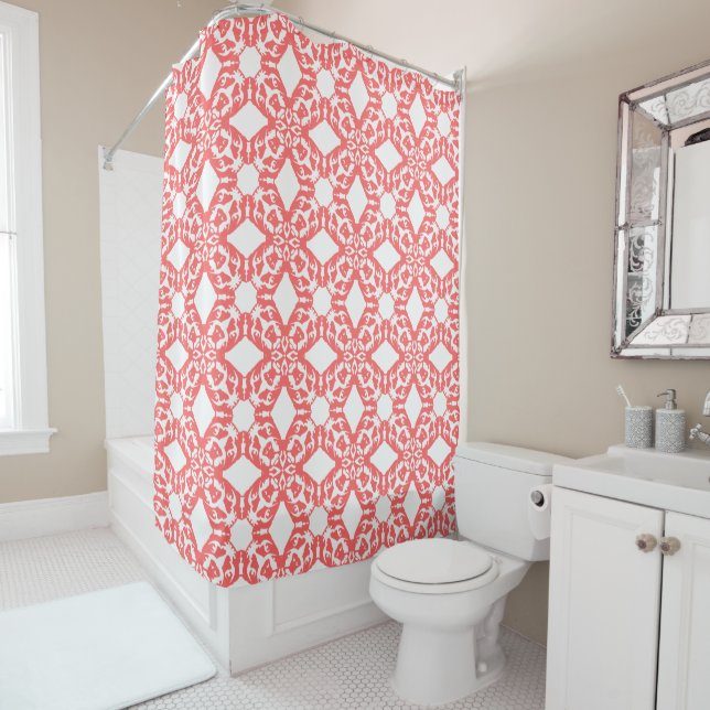 Graphical Coral French Bulldog Pattern Shower Curtain (In Situ)