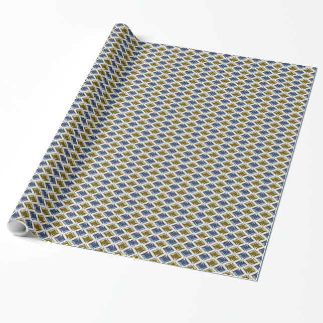 Graphical Diamonds Golden Blue Wrapping Paper (Unrolled)